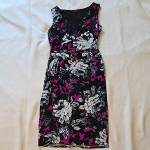 Phase Eight Black Purple Floral Print Dress Midi Wedding Party Wiggle sz 12